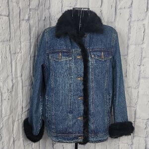 Dennis Basso Blue‎ Denim Jacket with Black Fur Trim Size Small